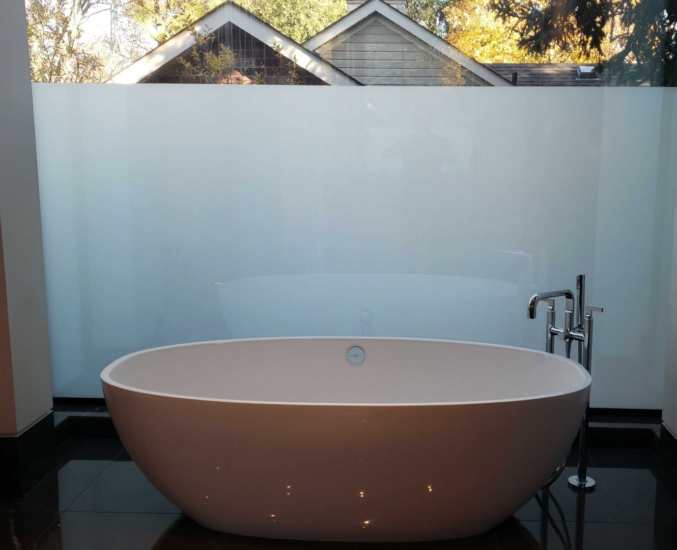 Smart switchable window film demonstration showing clear and frosted states